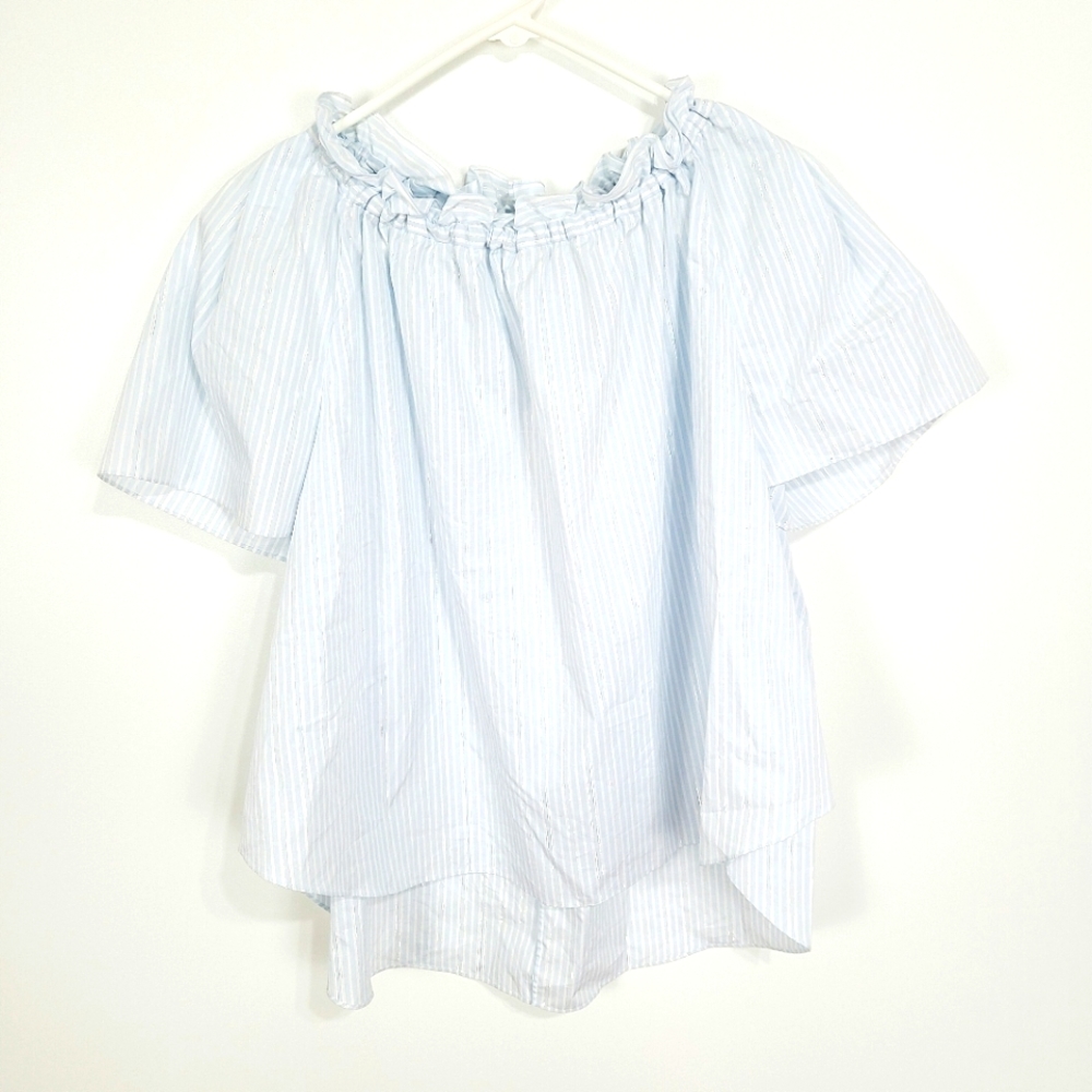 Adam Lippes | NWT Shirred Neck Top Striped Cotton Light Blue White 2/Sma…